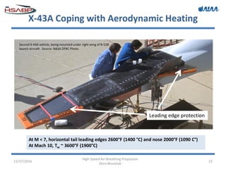 X-43A Coping with Aerodynamic Heating
11/17/2016
High-Speed Air-Breathing Propulsion
Dora Musielak
22
At M < 7, horizontal tail leading edges 2600°F (1400 °C) and nose 2000°F (1090 C°)
At Mach 10, Tw ~ 3600°F (1900°C)
Leading edge protection
Second X-43A vehicle, being mounted under right wing of B-52B
launch aircraft. Source: NASA DFRC Photo.
 