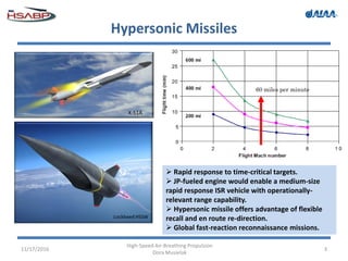 Hypersonic Missiles
11/17/2016
High-Speed Air-Breathing Propulsion
Dora Musielak
3
60 miles per minute
 Rapid response to time-critical targets.
 JP-fueled engine would enable a medium-size
rapid response ISR vehicle with operationally-
relevant range capability.
 Hypersonic missile offers advantage of flexible
recall and en route re-direction.
 Global fast-reaction reconnaissance missions.
Lockheed HSSW
X-51A
 