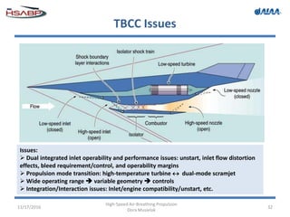 TBCC Issues
11/17/2016
High-Speed Air-Breathing Propulsion
Dora Musielak
32
Issues:
 Dual integrated inlet operability and performance issues: unstart, inlet flow distortion
effects, bleed requirement/control, and operability margins
 Propulsion mode transition: high-temperature turbine  dual-mode scramjet
 Wide operating range  variable geometry  controls
 Integration/Interaction issues: Inlet/engine compatibility/unstart, etc.
 