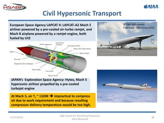 Civil Hypersonic Transport
11/17/2016
High-Speed Air-Breathing Propulsion
Dora Musielak
38
European Space Agency LAPCAT II: LAPCAT-A2 Mach 5
airliner powered by a pre-cooled air-turbo ramjet, and
Mach 8 airplane powered by a ramjet engine, both
fueled by LH2
JAPAN’s Exploration Space Agency: Hytex, Mach 5
hypersonic airliner propelled by a pre-cooled
turbojet engine
At Mach 5, air Tt ~ 1320K  impractical to compress
air due to work requirement and because resulting
compressor delivery temperature would be too high.
GTOM: 400 tonnes,
Fuel mass: 198 tonnes (LH2)
 