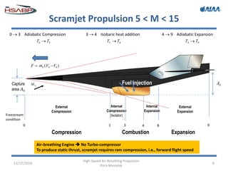 Scramjet Propulsion 5 < M < 15
11/17/2016
High-Speed Air-Breathing Propulsion
Dora Musielak
6
Combustion
0
External
Compression
1
Internal
Compression
(Isolator)
3 4 8 9
Internal
Expansion
External
Expansion
ExpansionCompression
0  3 Adiabatic Compression
30 TT 
3  4 Isobaric heat addition
43 TT 
4  9 Adiabatic Expansion
94 TT 
Freestream
condition
Capture
area A0
0M 9AFuel injection
Air-breathing Engine  No Turbo-compressor
To produce static thrust, scramjet requires ram compression, i.e., forward flight speed
)( 090 VVmF  
 