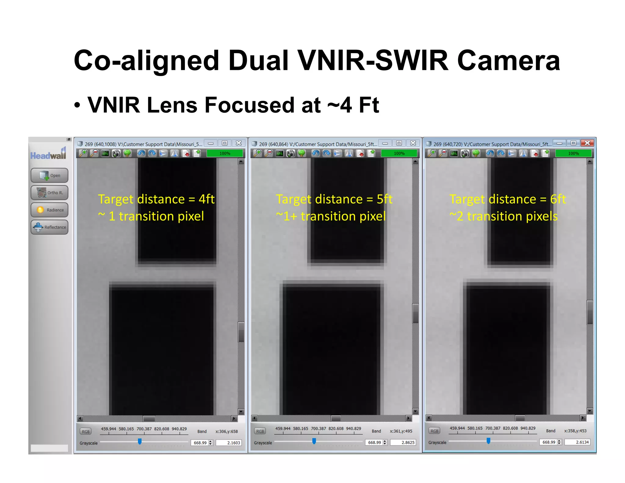 • VNIR Lens Focused at ~4 Ft
Target distance = 4ft
~ 1 transition pixel
Target distance = 5ft
~1+ transition pixel
Target distance = 6ft
~2 transition pixels
Co-aligned Dual VNIR-SWIR Camera
 