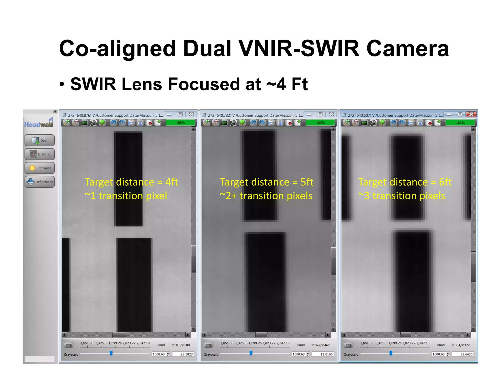 • SWIR Lens Focused at ~4 Ft
Target distance = 4ft
~1 transition pixel
Target distance = 5ft
~2+ transition pixels
Target distance = 6ft
~3 transition pixels
Co-aligned Dual VNIR-SWIR Camera
 