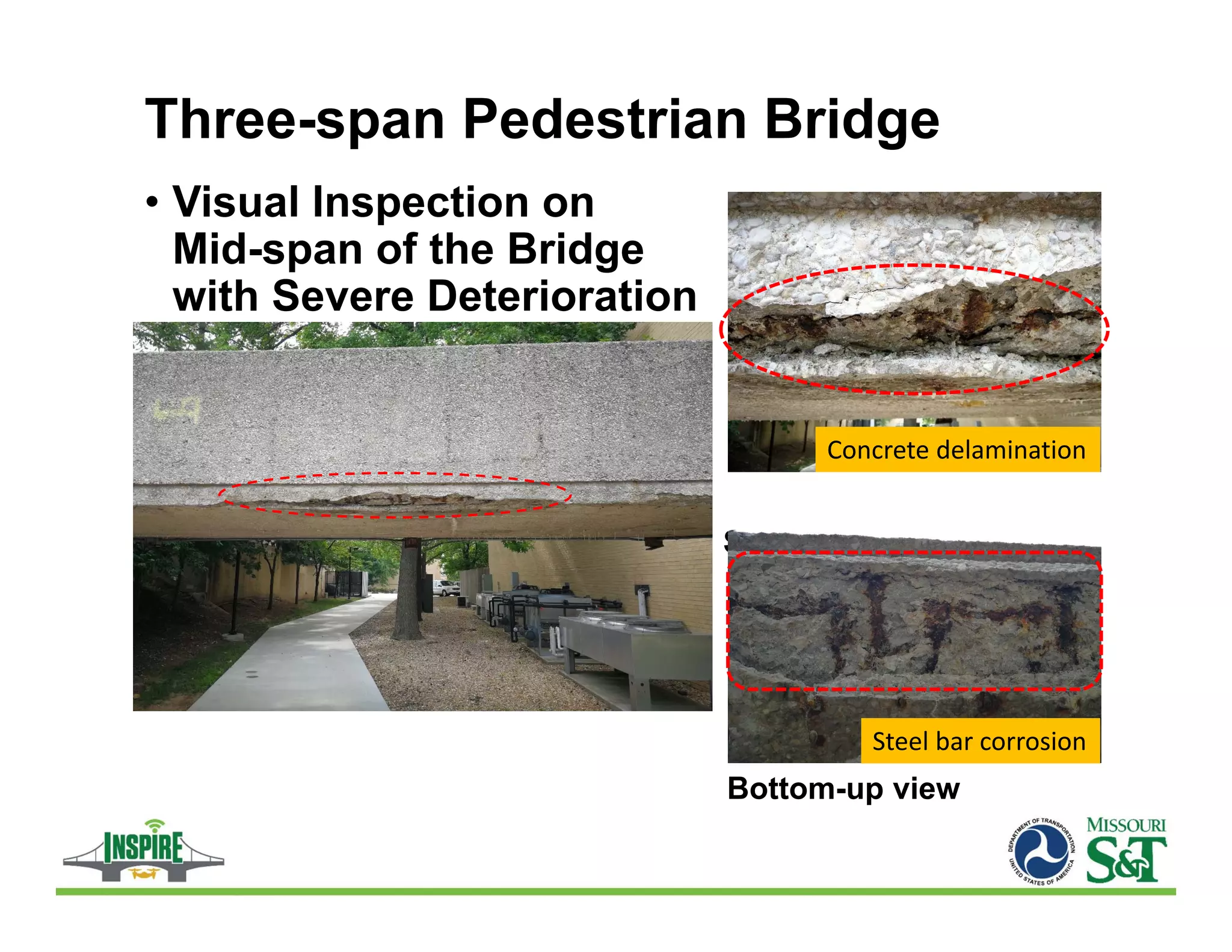 Three-span Pedestrian Bridge
• Visual Inspection on
Mid-span of the Bridge
with Severe Deterioration
 Side view

Concrete delamination
Steel bar corrosion
Bottom-up view
 