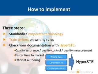 How to implement Three steps: Standardize  corporate terminology Train writers  on writing rules Check your documentation with  HyperSTE : Quality assurance / quality control / quality measurement Faster time to market Efficient Authoring HyperSTE Writing Rules Core Dictionary Company Dictionary 