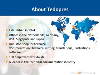 About Tedopres Established in 1974 Offices in the Netherlands, Germany,  USA, Singapore and Japan One-stop shop for technical  documentation:  technical writing, translations, illustrations, software 130 employees worldwide A leader in the technical documentation industry 