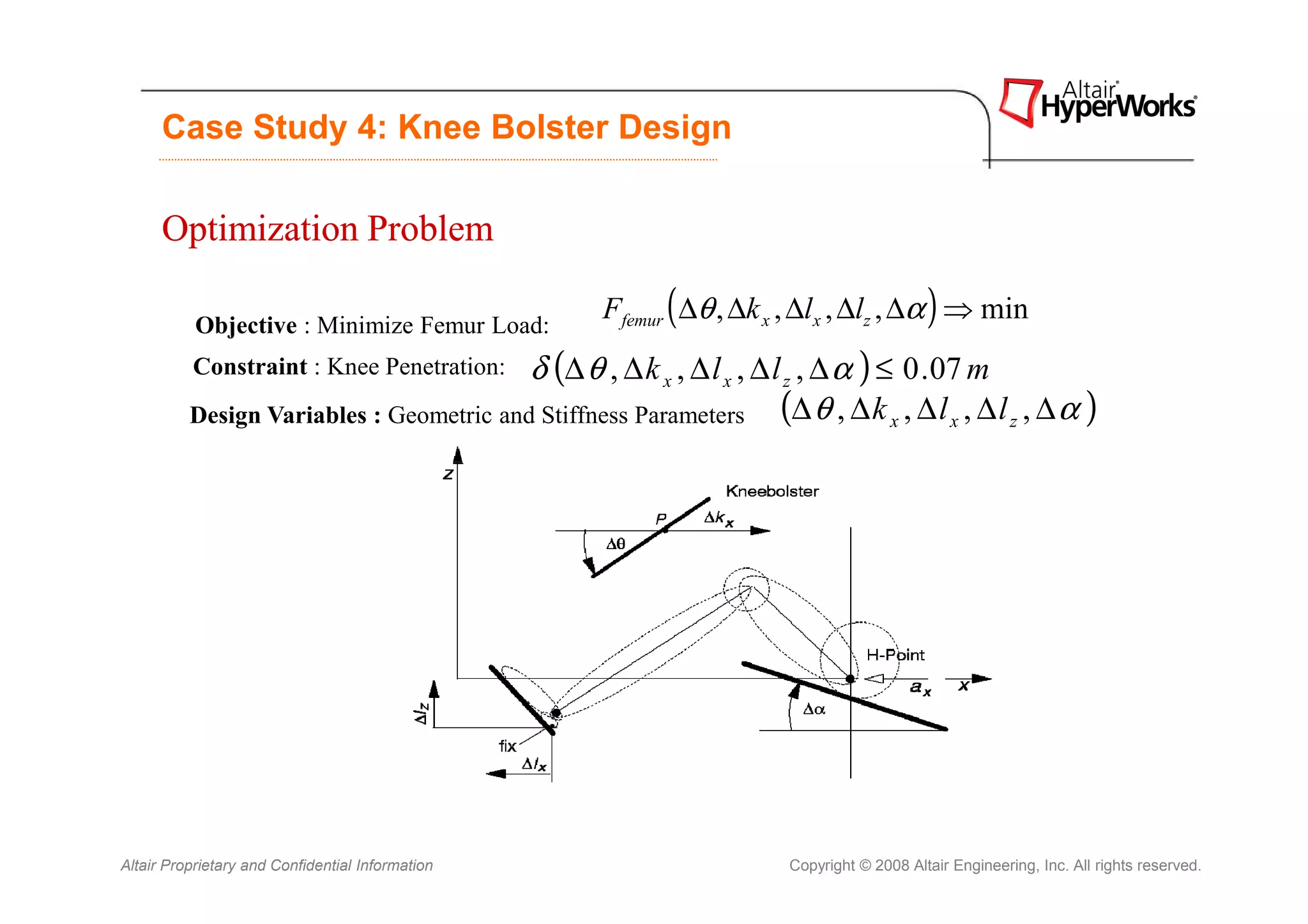 Case Study 4: Knee Bolster Design

      Optimization Problem

           Objective : Minimize Femur Load:
                                                  Ffemur ( ∆θ , ∆k x , ∆lx , ∆lz , ∆α ) ⇒ min
          Constraint : Knee Penetration:  δ (∆ θ , ∆ k x , ∆ l x , ∆ l z , ∆ α ) ≤ 0 .07 m
          Design Variables : Geometric and Stiffness Parameters (∆ θ , ∆ k x , ∆ l x , ∆ l z , ∆ α )




Altair Proprietary and Confidential Information                      Copyright © 2008 Altair Engineering, Inc. All rights reserved.
 
