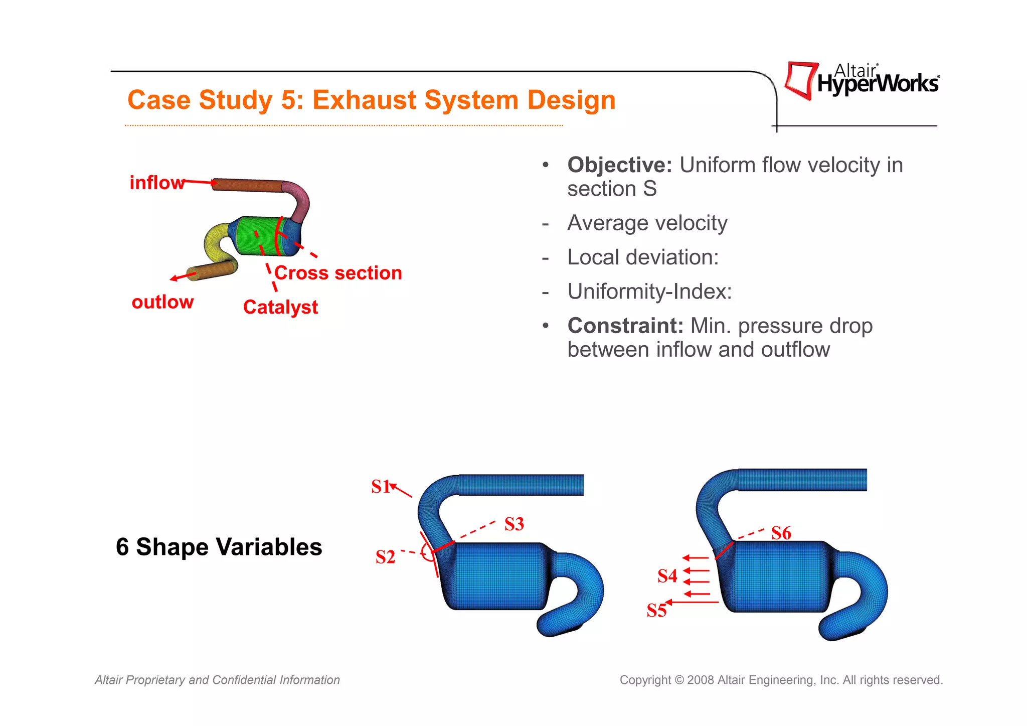 Case Study 5: Exhaust System Design

                                                            • Objective: Uniform flow velocity in
      inflow                                                  section S
                                                            - Average velocity
                                                            - Local deviation:
                                  Cross section
       outlow                                               - Uniformity-Index:
                            Catalyst
                                                            • Constraint: Min. pressure drop
                                                              between inflow and outflow




                                                  S1
                                                       S3                                      S6
    6 Shape Variables                             S2
                                                                          S4
                                                                        S5


Altair Proprietary and Confidential Information                    Copyright © 2008 Altair Engineering, Inc. All rights reserved.
 