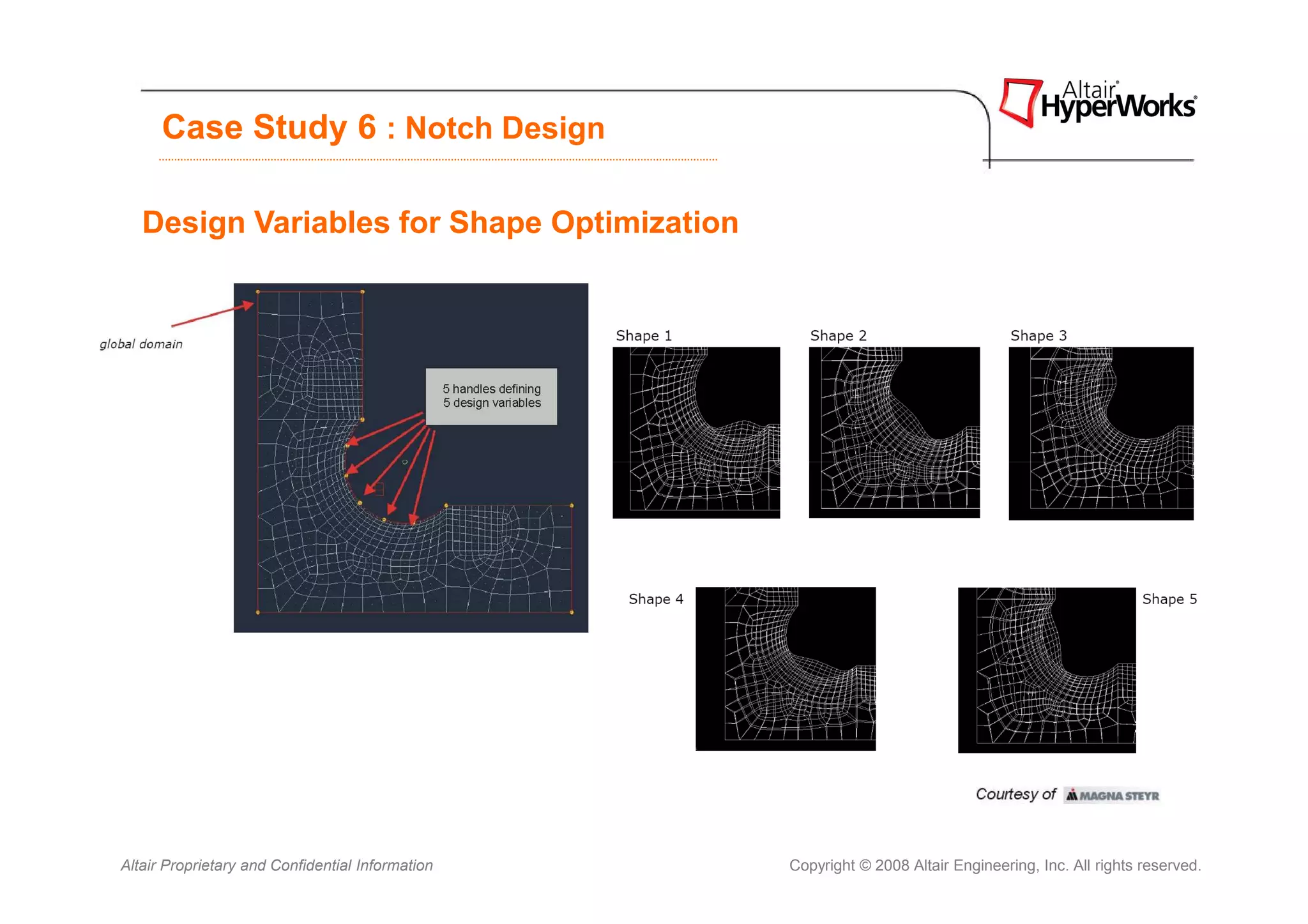 Case Study 6 : Notch Design

   Design Variables for Shape Optimization




Altair Proprietary and Confidential Information   Copyright © 2008 Altair Engineering, Inc. All rights reserved.
 