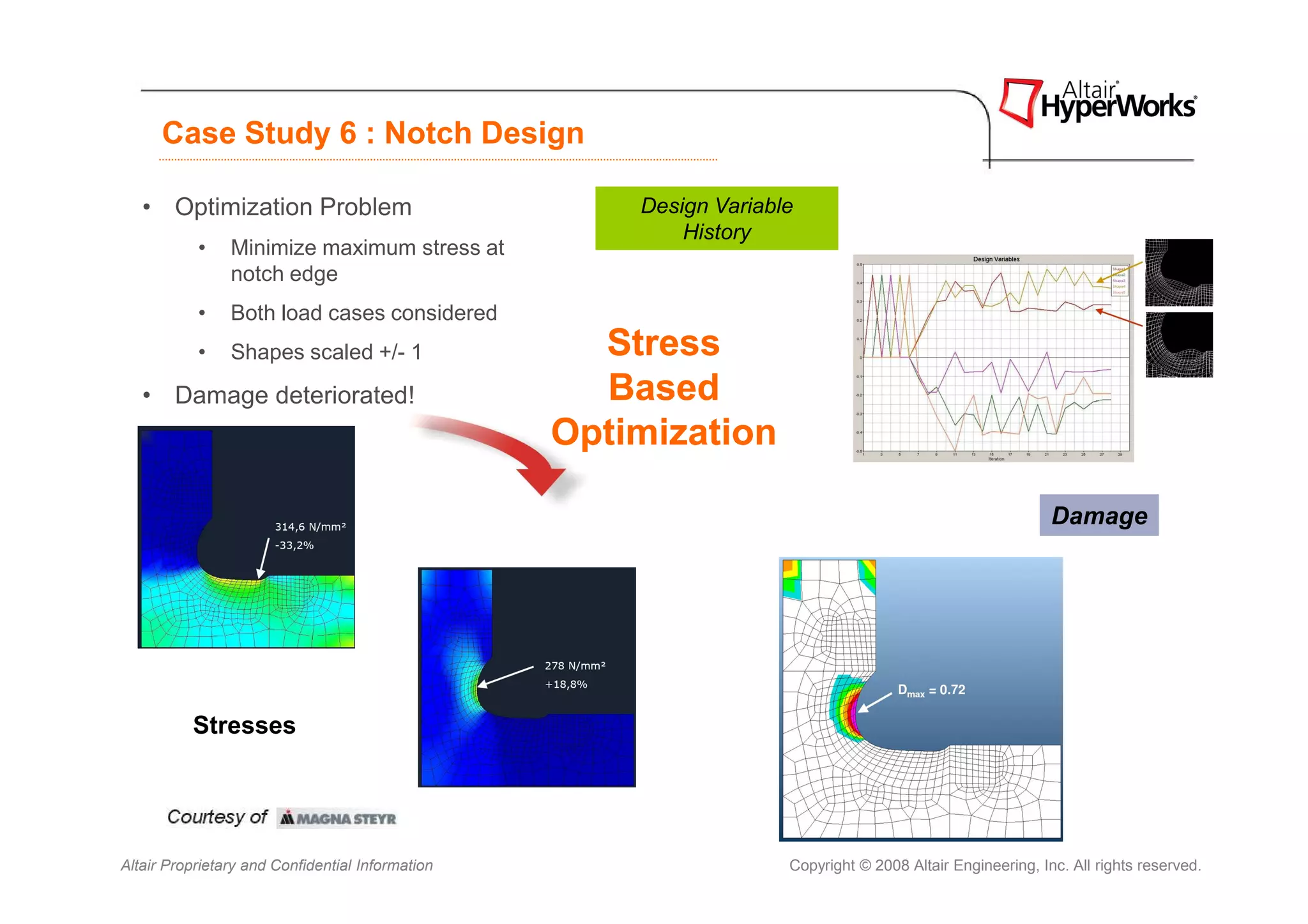 Case Study 6 : Notch Design

   • Optimization Problem                             Design Variable
                                                          History
           •    Minimize maximum stress at
                notch edge
           •    Both load cases considered
           •    Shapes scaled +/- 1                 Stress
   • Damage deteriorated!                           Based
                                                  Optimization

                                                                                                           Damage




          Stresses




Altair Proprietary and Confidential Information                     Copyright © 2008 Altair Engineering, Inc. All rights reserved.
 