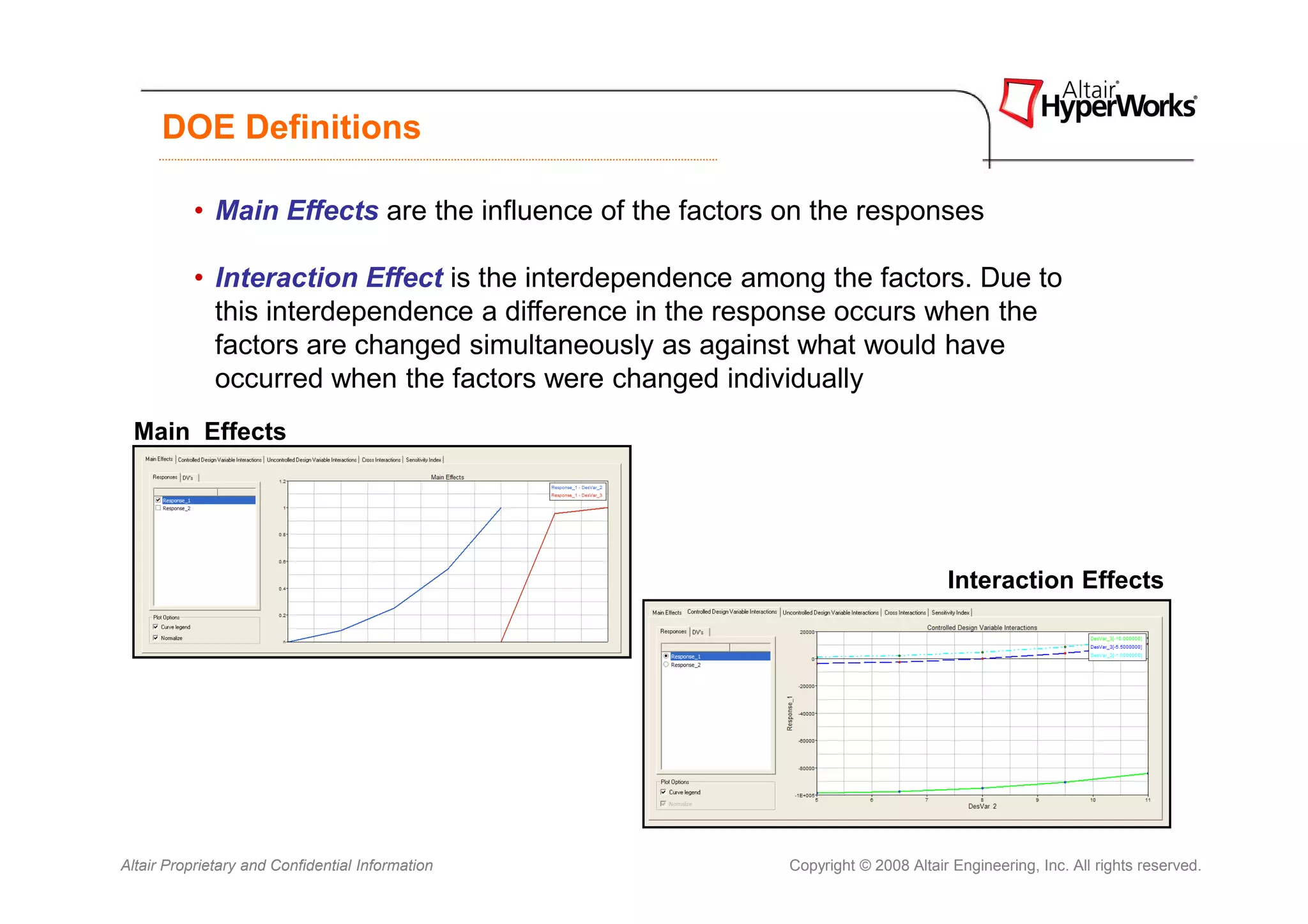 DOE Definitions

           • Main Effects are the influence of the factors on the responses

           • Interaction Effect is the interdependence among the factors. Due to
             this interdependence a difference in the response occurs when the
             factors are changed simultaneously as against what would have
             occurred when the factors were changed individually
 Main Effects




                                                                                  Interaction Effects




Altair Proprietary and Confidential Information            Copyright © 2008 Altair Engineering, Inc. All rights reserved.
 