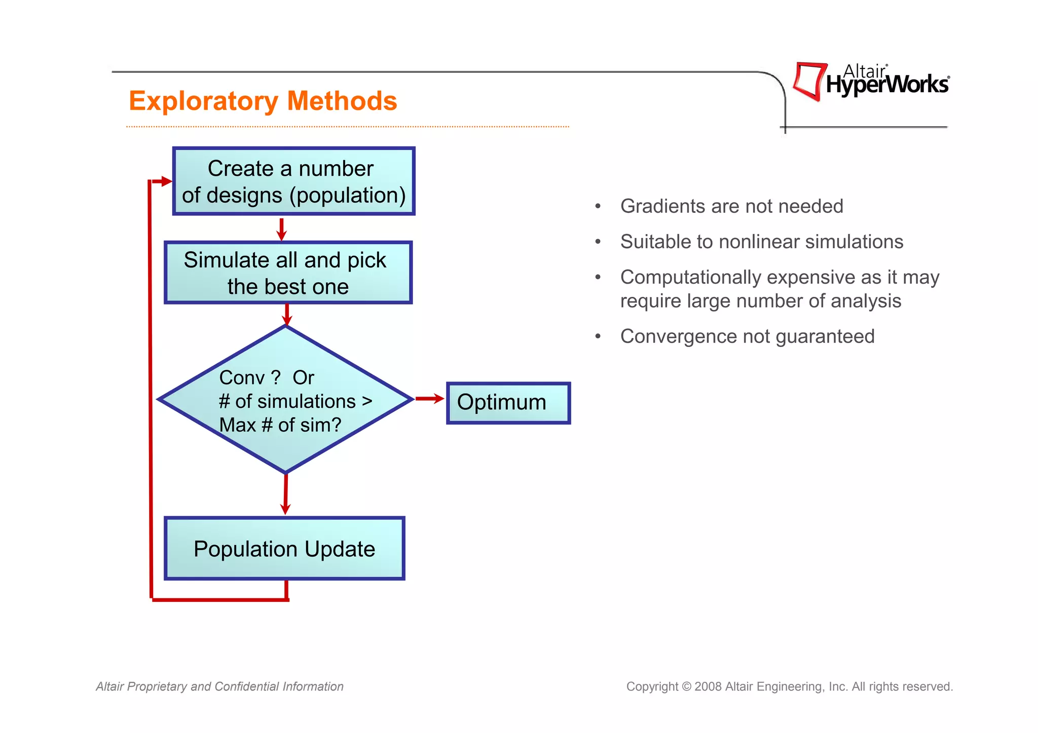 Exploratory Methods

                   Create a number
                of designs (population)                     • Gradients are not needed
                                                            • Suitable to nonlinear simulations
                Simulate all and pick
                                                            • Computationally expensive as it may
                   the best one
                                                              require large number of analysis
                                                            • Convergence not guaranteed

                       Conv ? Or
                       # of simulations >         Optimum
                       Max # of sim?




                  Population Update




Altair Proprietary and Confidential Information                Copyright © 2008 Altair Engineering, Inc. All rights reserved.
 