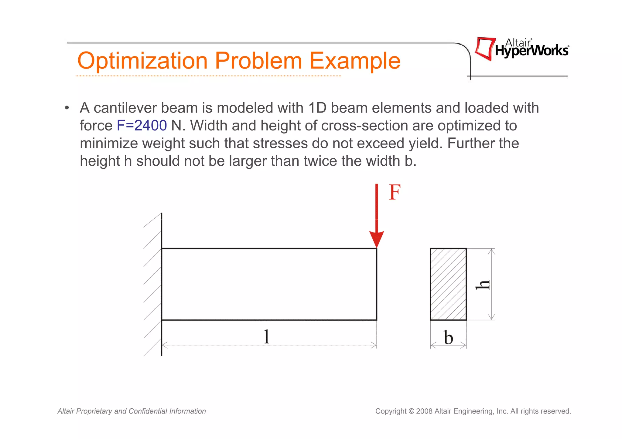Optimization Problem Example
  • A cantilever beam is modeled with 1D beam elements and loaded with
    force F=2400 N. Width and height of cross-section are optimized to
    minimize weight such that stresses do not exceed yield. Further the
    height h should not be larger than twice the width b.




Altair Proprietary and Confidential Information   Copyright © 2008 Altair Engineering, Inc. All rights reserved.
 