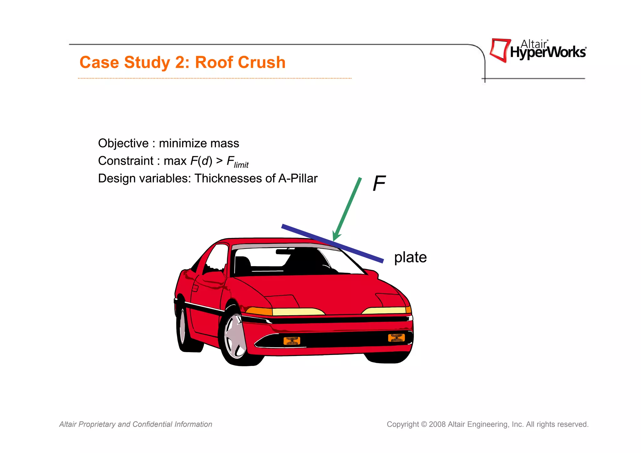 Case Study 2: Roof Crush



           Objective : minimize mass
           Constraint : max F(d) > Flimit
           Design variables: Thicknesses of A-Pillar
                                            A-
                                                       F


                                                             plate




Altair Proprietary and Confidential Information            Copyright © 2008 Altair Engineering, Inc. All rights reserved.
 