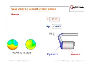 Case Study 5 : Exhaust System Design

      Results

                                                  γ    +12.0%

                                                  ∆p      -16.0%

                                                      Initial




        Flow Velocity in Section S
                                                  Optimized                                     Section S


Altair Proprietary and Confidential Information                 Copyright © 2008 Altair Engineering, Inc. All rights reserved.
 