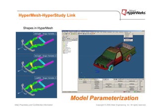HyperMesh-HyperStudy Link

          Shapes in HyperMesh




                                                  Model Parameterization
Altair Proprietary and Confidential Information           Copyright © 2008 Altair Engineering, Inc. All rights reserved.
 