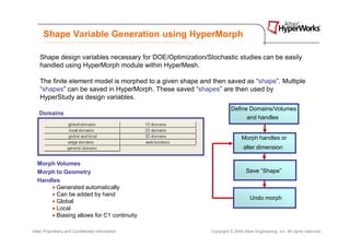 Shape Variable Generation using HyperMorph

    Shape design variables necessary for DOE/Optimization/Stochastic studies can be easily
    handled using HyperMorph module within HyperMesh.

    The finite element model is morphed to a given shape and then saved as “shape”. Multiple
    “shapes” can be saved in HyperMorph. These saved “shapes” are then used by
    HyperStudy as design variables.
                                                                       Define Domains/Volumes
   Domains
                                                                             and handles


                                                                             Morph handles or
                                                                              alter dimension

  Morph Volumes
  Morph to Geometry                                                            Save “Shape”
  Handles
      • Generated automatically
      • Can be added by hand
                                                                                 Undo morph
      • Global
      • Local
      • Biasing allows for C1 continuity

Altair Proprietary and Confidential Information             Copyright © 2008 Altair Engineering, Inc. All rights reserved.
 
