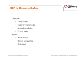 DOE for Response Surface



         Objective
                  • Fewer factors
                  • Model of relationships
                  • Accurate prediction
                  • Optimization
         Types
                  • Box-Behnken
                  • Central composites
                  • D-Optimal




Altair Proprietary and Confidential Information   Copyright © 2008 Altair Engineering, Inc. All rights reserved.
 