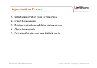Approximations Process

    1. Select approximation types for responses
    2. Import the run matrix
    3. Build approximation models for each response
    4. Check the residuals
    5. Do trade-off studies and view ANOVA results




Altair Proprietary and Confidential Information   Copyright © 2008 Altair Engineering, Inc. All rights reserved.
 