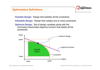 Optimization Definitions

           Feasible Design: Design that satisfies all the constraints.
           Infeasible Design: Design that violates one or more constraints.
           Optimum Design: Set of design variables along with the
            minimized (maximized) objective function that satisfy all the
            constraints.

                   DV2
                                                                            optimum design
                  upper



                                                                                  objective function
                                                  Feasible
                                                   Region

                                                                     constraint
                   lower
                                                                                   DV1
                                 lower                       upper

Altair Proprietary and Confidential Information                               Copyright © 2008 Altair Engineering, Inc. All rights reserved.
 