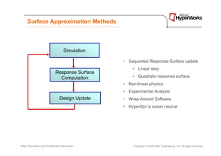 Surface Approximation Methods



                                      Simulation

                                                   • Sequential Response Surface update
                                                       • Linear step
                               Response Surface
                                 Computation           • Quadratic response surface
                                                   • Non-linear physics
                                                   • Experimental Analysis
                                  Design Update    • Wrap-Around Software
                                                   • HyperOpt is solver neutral




Altair Proprietary and Confidential Information         Copyright © 2008 Altair Engineering, Inc. All rights reserved.
 
