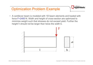 Optimization Problem Example
  • A cantilever beam is modeled with 1D beam elements and loaded with
    force F=2400 N. Width and height of cross-section are optimized to
    minimize weight such that stresses do not exceed yield. Further the
    height h should not be larger than twice the width b.




Altair Proprietary and Confidential Information   Copyright © 2008 Altair Engineering, Inc. All rights reserved.
 