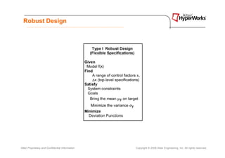 Robust Design




Altair Proprietary and Confidential Information   Copyright © 2008 Altair Engineering, Inc. All rights reserved.
 