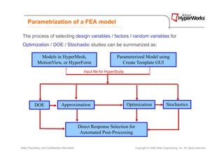 Parametrization of a FEA model

 The process of selecting design variables / factors / random variables for
 Optimization / DOE / Stochastic studies can be summarized as:

               Models in HyperMesh,                                      Parameterized Model using
              MotionView, or HyperForm                                      Create Template GUI
                                                     Input file for HyperStudy




            DOE                    Approximation                                 Optimization                   Stochastics



                                                  Direct Response Selection for
                                                   Automated Post-Processing


Altair Proprietary and Confidential Information                                      Copyright © 2008 Altair Engineering, Inc. All rights reserved.
 