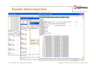 Example: Nastran Input Deck




Altair Proprietary and Confidential Information   Copyright © 2008 Altair Engineering, Inc. All rights reserved.
 