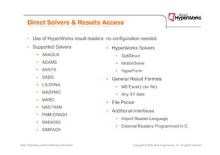 Direct Solvers & Results Access

      • Use of HyperWorks result readers: no configuration needed
      • Supported Solvers                         • HyperWorks Solvers
              • ABAQUS                                • OptiStruct
              • ADAMS                                 • MotionSolve
              • ANSYS                                 • HyperForm
              • DADS                              • General Result Formats
              • LS-DYNA                               • MS Excel (.csv file)
              • MADYMO                                • Any XY data
              • MARC
                                                  • File Parser
              • NASTRAN
                                                  • Additional interfaces
              • PAM-CRASH
                                                      • Import Reader Language
              • RADIOSS
                                                      • External Readers Programmed in C
              • SIMPACK


Altair Proprietary and Confidential Information                Copyright © 2008 Altair Engineering, Inc. All rights reserved.
 