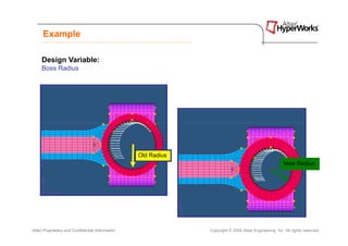 Example

     Design Variable:
     Boss Radius




                                                  Old Radius
                                                                                                        New Radius




Altair Proprietary and Confidential Information                Copyright © 2008 Altair Engineering, Inc. All rights reserved.
 