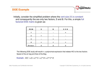 DOE Example

        Initially, consider the simplified problem where the vent size (V) is constant
           and consequently the are only two factors, S and B. For this, a simple full
           factorial DOE matrix is given as:


                                       ROW           S               B           S X B

                                          1          -                -              +

                                          2          +                -               -

                                          3          -               +                -

                                          4          +               +               +

                                     D iv is o r     2               2               2



               The following DOE study will result in a polynomial expression that relates HIC to the two factors:
               Speed of the air bag and Size of the Bag.

               Example:        HIC = a 0 + a1* S + a 2 * B + a3 * S * B


Altair Proprietary and Confidential Information                            Copyright © 2008 Altair Engineering, Inc. All rights reserved.
 