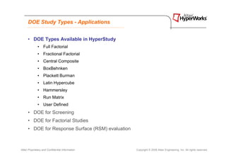 DOE Study Types - Applications


      • DOE Types Available in HyperStudy
              • Full Factorial
              • Fractional Factorial
              • Central Composite
              • BoxBehnken
              • Plackett Burman
              • Latin Hypercube
              • Hammersley
              • Run Matrix
              • User Defined
      • DOE for Screening
      • DOE for Factorial Studies
      • DOE for Response Surface (RSM) evaluation



Altair Proprietary and Confidential Information     Copyright © 2008 Altair Engineering, Inc. All rights reserved.
 