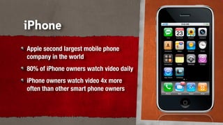 iPhone
Apple second largest mobile phone
company in the world
80% of iPhone owners watch video daily
iPhone owners watch video 4x more
often than other smart phone owners
 