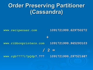 Order Preserving Partitioner (Cassandra) www.recipezaar.com   1091721999…629750272 + www.ribbonprinters.com   1091721999…965293103 / 2 = www.rgb????i?pQdp ?.???  1091721999…297521687 