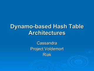 Dynamo-based Hash Table Architectures Cassandra Project Voldemort Riak 