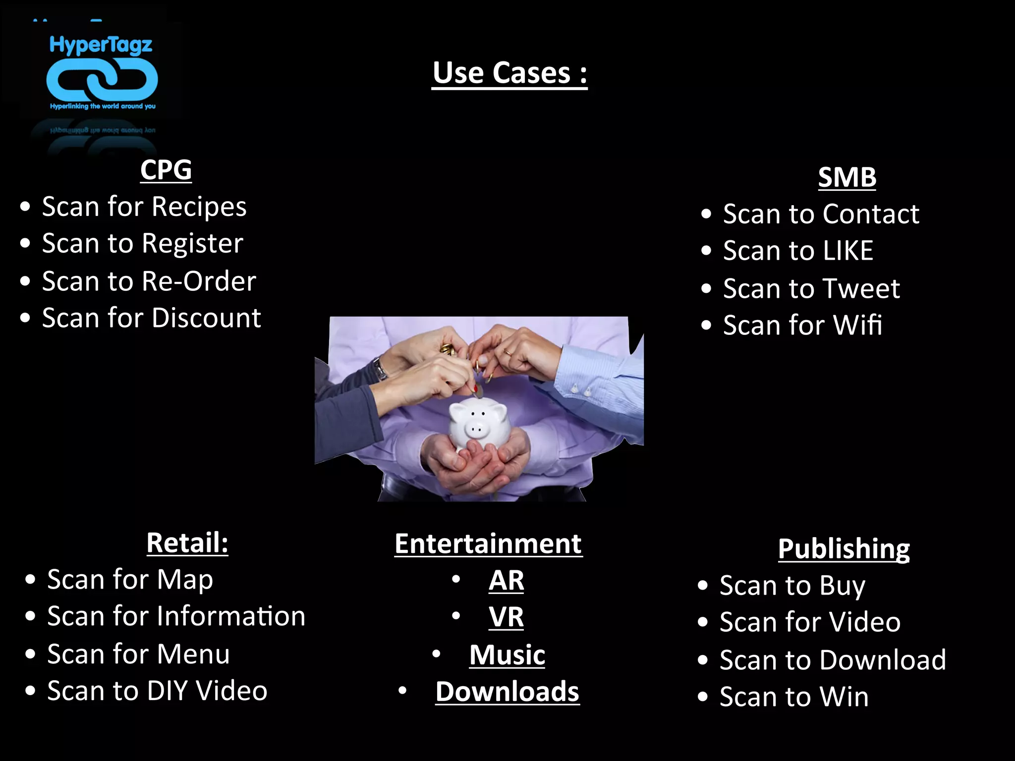 Use	
  Cases	
  :	
  
CPG	
  
•  Scan	
  for	
  Recipes	
  
•  Scan	
  to	
  Register	
  
•  Scan	
  to	
  Re-­‐Order	
  
•  Scan	
  for	
  Discount	
  
Publishing	
  
•  Scan	
  to	
  Buy	
  
•  Scan	
  for	
  Video	
  
•  Scan	
  to	
  Download	
  	
  
•  Scan	
  to	
  Win	
  	
  
Retail:	
  
•  Scan	
  for	
  Map	
  
•  Scan	
  for	
  Informa*on	
  
•  Scan	
  for	
  Menu	
  
•  Scan	
  to	
  DIY	
  Video	
  
SMB	
  
•  Scan	
  to	
  Contact	
  
•  Scan	
  to	
  LIKE	
  
•  Scan	
  to	
  Tweet	
  
•  Scan	
  for	
  Wiﬁ	
  
Entertainment	
  
•  AR	
  
•  VR	
  
•  Music	
  
•  Downloads	
  
 