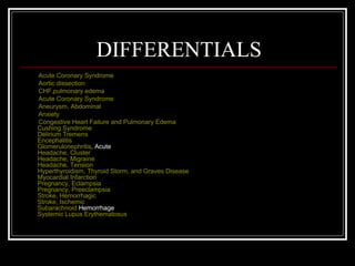DIFFERENTIALS
Acute Coronary Syndrome
Aortic dissection
CHF,pulmonary edema
Acute Coronary Syndrome
Aneurysm, Abdominal
Anxiety
Congestive Heart Failure and Pulmonary Edema
Cushing Syndrome
Delirium Tremens
Encephalitis
Glomerulonephritis, Acute
Headache, Cluster
Headache, Migraine
Headache, Tension
Hyperthyroidism, Thyroid Storm, and Graves Disease
Myocardial Infarction
Pregnancy, Eclampsia
Pregnancy, Preeclampsia
Stroke, Hemorrhagic
Stroke, Ischemic
Subarachnoid Hemorrhage
Systemic Lupus Erythematosus
 