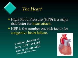 The Heart

y High Blood Pressure (HPB) is a major
  risk factor for heart attack.
y HBP is the number one risk factor for
  congestive heart failure.

               Amer 00icans
             n
    5 millio       550,0
           CHF- ually-
     have            n
             ses anssoc.
       ew ca Heart A
      n ican
     Amer
 