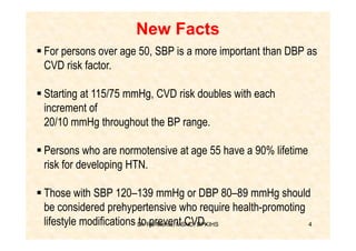 New Facts
For persons over age 50, SBP is a more important than DBP as
CVD risk factor.

Starting at 115/75 mmHg, CVD risk doubles with each
increment of
20/10 mmHg throughout the BP range.

Persons who are normotensive at age 55 have a 90% lifetime
risk for developing HTN.

Those with SBP 120–139 mmHg or DBP 80–89 mmHg should
be considered prehypertensive who require health-promoting
lifestyle modifications Dr. RS Mehta, MSND, BPKIHS
                        to prevent CVD.                    4
 