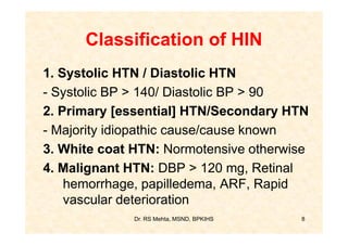Classification of HIN
1. Systolic HTN / Diastolic HTN
- Systolic BP > 140/ Diastolic BP > 90
2. Primary [essential] HTN/Secondary HTN
- Majority idiopathic cause/cause known
3. White coat HTN: Normotensive otherwise
4. Malignant HTN: DBP > 120 mg, Retinal
    hemorrhage, papilledema, ARF, Rapid
    vascular deterioration
              Dr. RS Mehta, MSND, BPKIHS   8
 