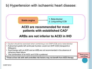 b) Hypertension with ischaemic heart disease:
• Caution should be exercised when combining a non DHP-CCB and a beta-blocker
• If abnormal systolic left ventricular function: avoid non DHP-CCB (Verapamil or
Diltiazem)
• Dual therapy with an ACEI and an ARB are not recommended in the absence of
refractory heart failure
• The combination of an ACEi and CCB is preferred
1. Beta-blocker
2. Long-acting CCB
Stable angina
ACEI are recommended for most
patients with established CAD*
ARBs are not inferior to ACEI in IHD
Short-acting
nifedipine
*Those at low risk with well controlled risk factors may not benefit from ACEI therapy
CHEP 2012
 