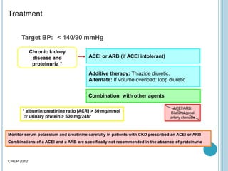 Treatment
CHEP 2012
Chronic kidney
disease and
proteinuria *
ACEI/ARB:
Bilateral renal
artery stenosis
ACEI or ARB (if ACEI intolerant)
Combination with other agents
Additive therapy: Thiazide diuretic.
Alternate: If volume overload: loop diuretic
Target BP: < 140/90 mmHg
* albumin:creatinine ratio [ACR] > 30 mg/mmol
or urinary protein > 500 mg/24hr
Monitor serum potassium and creatinine carefully in patients with CKD prescribed an ACEI or ARB
Combinations of a ACEI and a ARB are specifically not recommended in the absence of proteinuria
 