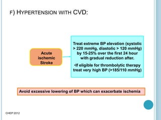 F) HYPERTENSION WITH CVD:
Treat extreme BP elevation (systolic
> 220 mmHg, diastolic > 120 mmHg)
by 15-25% over the first 24 hour
with gradual reduction after.
•If eligible for thrombolytic therapy
treat very high BP (>185/110 mmHg)
Acute
ischemic
Stroke
Avoid excessive lowering of BP which can exacerbate ischemia
CHEP 2012
 