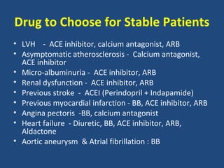 Drug to Choose for Stable Patients
• LVH - ACE inhibitor, calcium antagonist, ARB
• Asymptomatic atherosclerosis - Calcium antagonist,
ACE inhibitor
• Micro-albuminuria - ACE inhibitor, ARB
• Renal dysfunction - ACE inhibitor, ARB
• Previous stroke - ACEI (Perindopril + Indapamide)
• Previous myocardial infarction - BB, ACE inhibitor, ARB
• Angina pectoris -BB, calcium antagonist
• Heart failure - Diuretic, BB, ACE inhibitor, ARB,
Aldactone
• Aortic aneurysm & Atrial fibrillation : BB

 