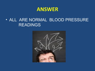 ANSWER
• ALL ARE NORMAL BLOOD PRESSURE
READINGS

 