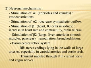 2) Neuronal mechanisms :
- Stimulation of α1 (arterioles and venules) :
vasoconstrictions.
- Stimulation of α2 : decrease sympathetic outflow.
- Stimulation of β1 (heart, JG cells in kidney) :
increase in heart rate and contractility, renin release.
- Stimulation of β2 (lungs, liver, arteriolar smooth
muscles, pancreas) : vasodilation, bronchodilation.
- Baroreceptor reflex system
BR: nerve endings lying in the walls of large
arteries, especially in carotid arteries and aortic arch.
Transmit impulse through 9 th cranial nerve
and vagus nerves.
 