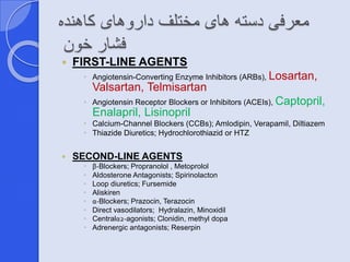 معرفی دسته های مختلف داروهای کاهنده 
فشار خون 
 FIRST-LINE AGENTS 
 Angiotensin-Converting Enzyme Inhibitors (ARBs), Losartan, 
Valsartan, Telmisartan 
 Angiotensin Receptor Blockers or Inhibitors (ACEIs), Captopril, 
Enalapril, Lisinopril 
 Calcium-Channel Blockers (CCBs); Amlodipin, Verapamil, Diltiazem 
 Thiazide Diuretics; Hydrochlorothiazid or HTZ 
 SECOND-LINE AGENTS 
 β-Blockers; Propranolol , Metoprolol 
 Aldosterone Antagonists; Spirinolacton 
 Loop diuretics; Fursemide 
 Aliskiren 
 α-Blockers; Prazocin, Terazocin 
 Direct vasodilators; Hydralazin, Minoxidil 
 Centralα2-agonists; Clonidin, methyl dopa 
 Adrenergic antagonists; Reserpin 
 