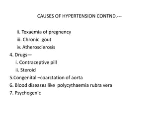 CAUSES OF HYPERTENSION CONTND.---
ii. Toxaemia of pregnency
iii. Chronic gout
iv. Atherosclerosis
4. Drugs—
i. Contraceptive pill
ii. Steroid
5.Congenital –coarctation of aorta
6. Blood diseases like polycythaemia rubra vera
7. Psychogenic
 