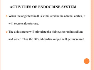 ACTIVITIES OF ENDOCRINE SYSTEM
 When the angiotensin-II is stimulated in the adrenal cortex, it
will secrete aldosterone....